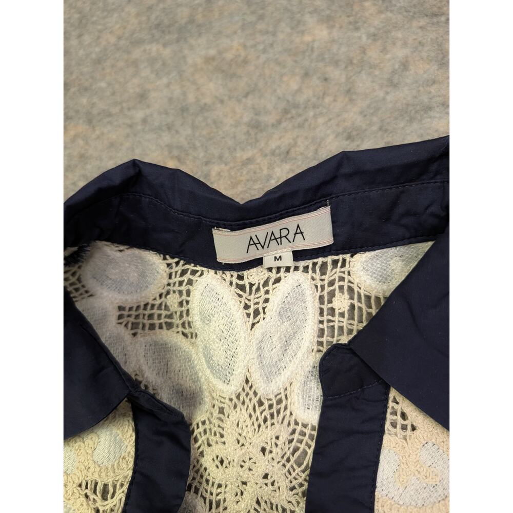Avara Navy Crochet Lace Puff Sleeve Collared Top Medium Cotton Prairie Southern - Picture 5 of 8